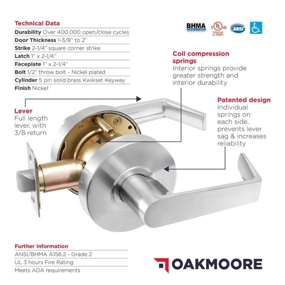 OAKMOORE Heavy Duty Commercial Passage Door Lever, Grade 2, Satin Nickel Finish - Picture 7 of 9